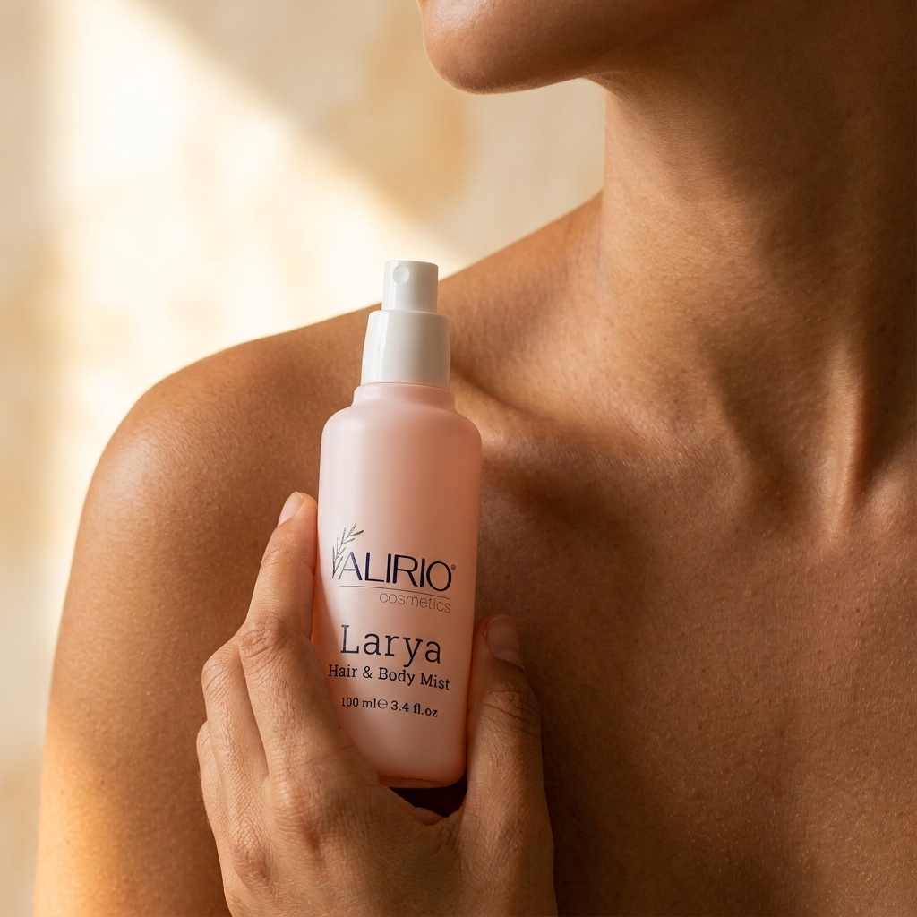 Model_holding__Larya_hair_mist_bottle